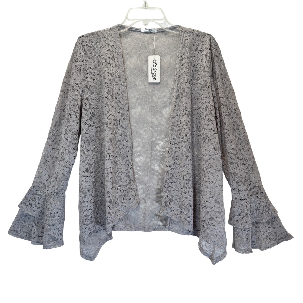 Cardigan Womens Large Gray Boho Romantic Lace Ruffle Bell Sleeve Open Front NEW